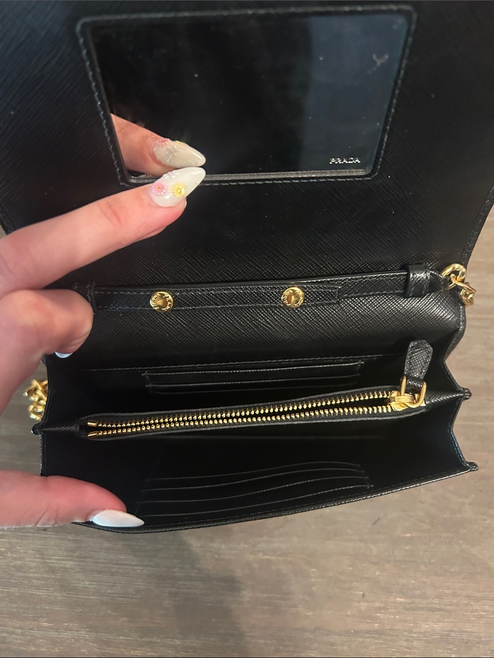 Prada Black Saffiano Printed Faces Leather Chain Clutch - Picture 8 of 8
